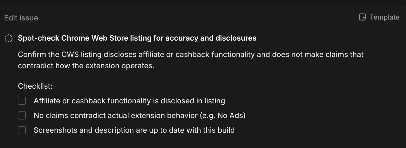 Issue: Spot-check Chrome Web Store listing for accuracy and disclosures.