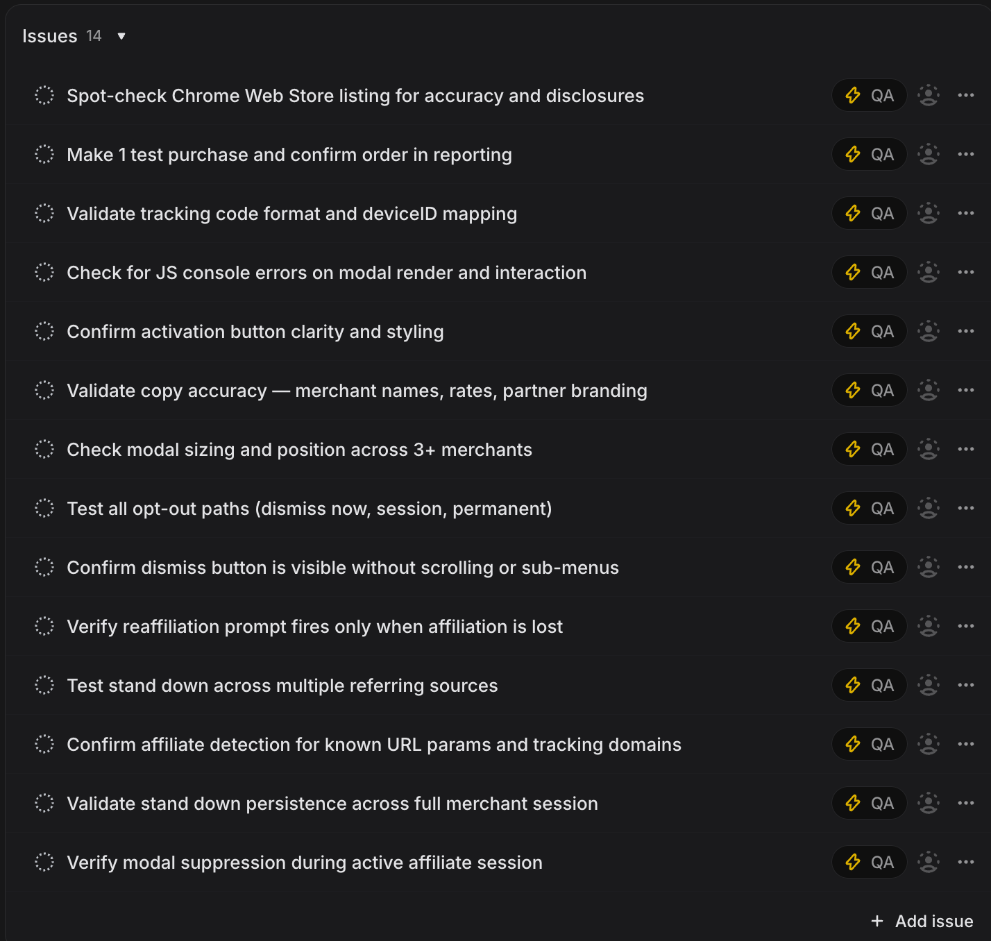 Linear backlog list of 14 QA issues for the Partner API regression plan.