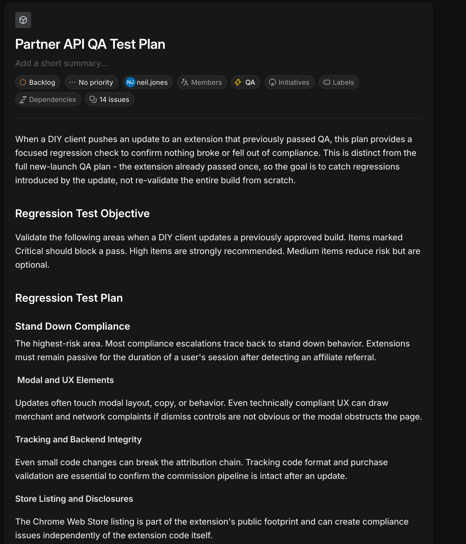 Screenshot of the Partner API QA test plan document in Linear: objectives, severity levels, and four focus areas.